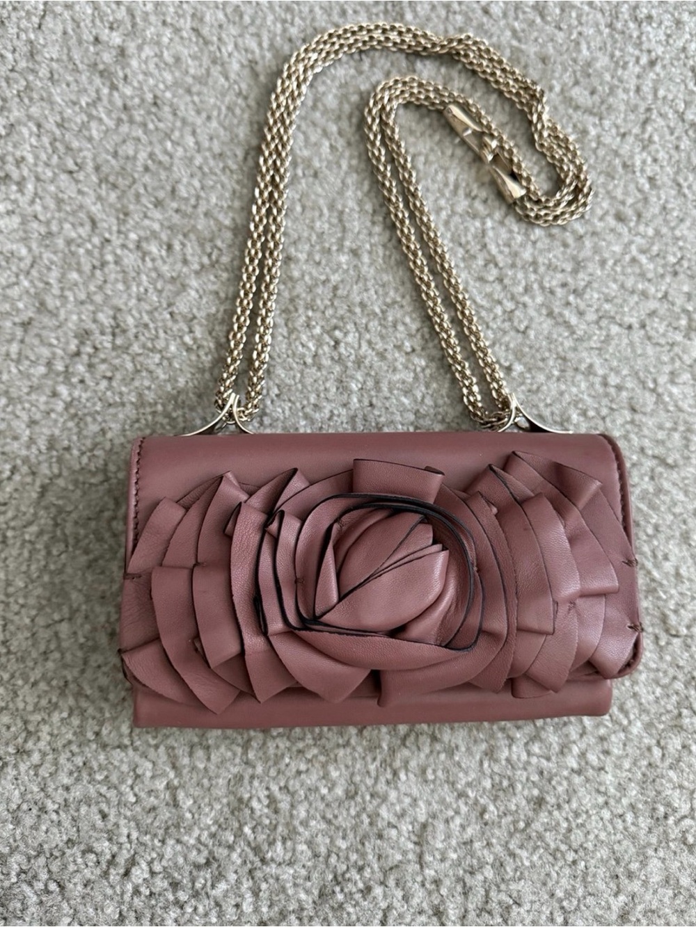 Valentino Garavani Dusty Rose Floral Appliqué Crossbody with Gold Chain
